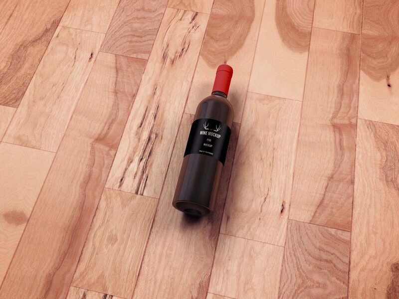 Red Wine Bottle Mockup on Wooden Floor FREE PSD